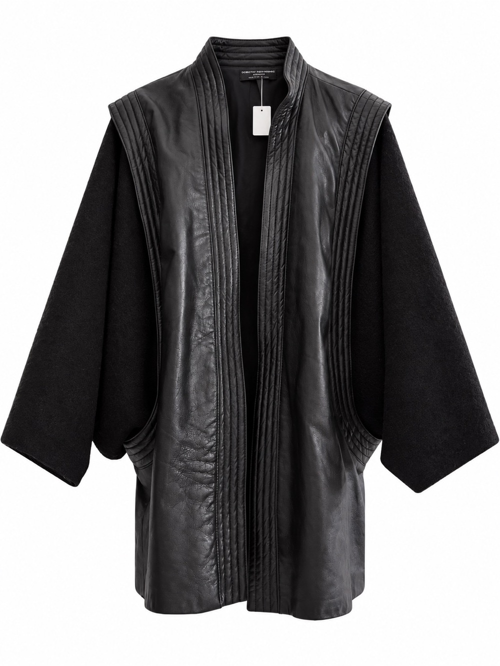 Vintage Dominic Bellissimo Black Leather-Front Wool Kimono Jacket